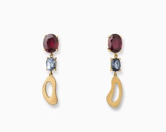 18 Kt Brushed Gold, Garnet & Blue Tourmaline Earrings