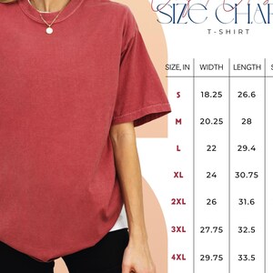 May include: Size chart for a t-shirt with measurements in inches for width, length, and sleeve length. Sizes range from S to 4XL.
