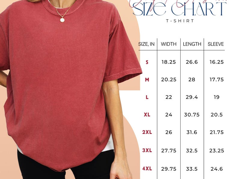 May include: Size chart for a t-shirt with measurements in inches for width, length, and sleeve length. Sizes range from S to 4XL.