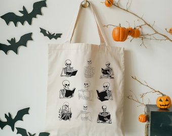 Skeleton Reading Tote Bag, Halloween Book Lover Tote, Spooky Bookish Bag, Goth Gift For Reader, Book Club Halloween Tote, Cute Creepy