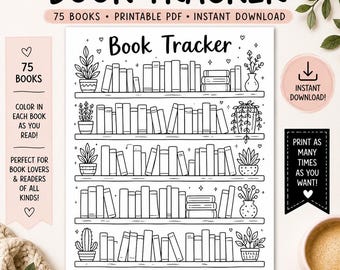 Printable Reading Tracker, Book Trackers, Coloring Bookshelf Log,Bullet Journal Trackers, Reading Challenge 75 Books,Reading Tracker Digital