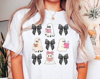 Comfort Colors® Cute Ghost Reading Book Halloween Tshirt, Ghost Reading Book, Black Coquette Halloween T-Shirt, Coquette Halloween Shirt
