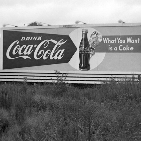 Vintage Photograph Coca Cola Billboard in Field Black and White Digital Download