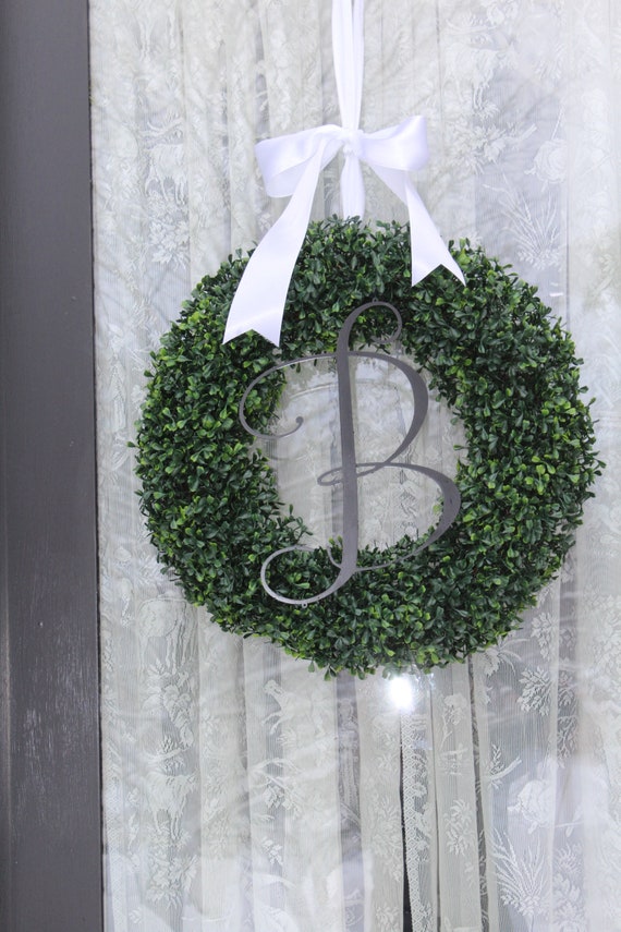 Boxwood Monogram Wreath with Burlap Bow Housewarming Gift Wedding Wreath 16-22 INCH Wreath available Monogram Boxwood Wreath