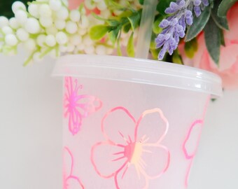 Holographic Pink Flower Butterfly Iced Coffee Tumbler - 24 oz
