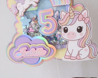 Personalized Pastel Unicorn Cake Topper: 3D Rainbow Shaker Birthday Decoration kawaii party. colorful unicorn