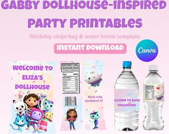Gabby Dollhouse Party Printables: Editable Chip Bag & Water Bottle Labels (Instant Download Canva Template)