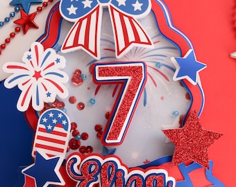 Patriotic Shaker Cake Topper | Red White & Blue Birthday Cake Topper | 4th of July Party Decorations | Custom Age Cake Topper