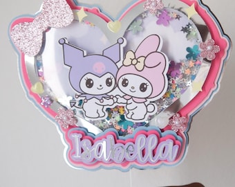 Custom Heart Shaker Cake Topper: Kawaii Bunny & Kitty Personalized Birthday Decoration