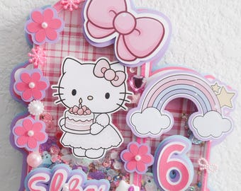 Sanrio Character kitty Birthday Cake Topper: Custom Name, Pink Shaker red and blue topper option