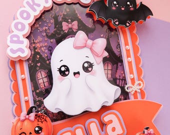 Personalized Spooky One Cake Topper, Pink Ghost Bat Pumpkin First Birthday Decoration. Orange and purple halloween cake topper