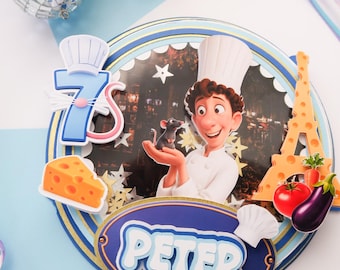 Personalized French Chef Cake Topper, Paris Birthday Decoration, Cooking Theme Party, Custom Name and Age Rat and chef cooking in Paris