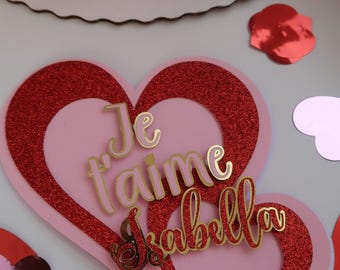 Red Glitter Heart Cake Topper, Je t'aime Valentine's Day