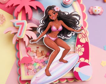 Personalized Beach Birthday Cake Topper | Surfer Girl, Palms, Shaker Elements Barbie inspired