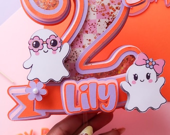 Cute Ghost Birthday Cake Topper, Personalized Spooky Two Shaker Topper, Pink and Orange Halloween Birthday Party, Groovy/ Retro Halloween