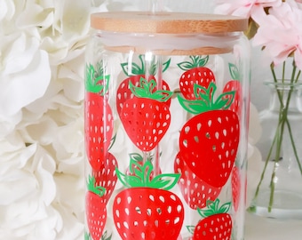 Handmade Strawberry Iced Coffee Cup: 16oz Glass with Bamboo Lid