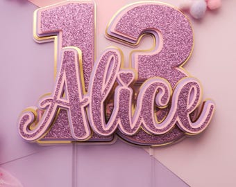 Personalized number Birthday Cake Topper, Pink Purple Glitter Custom Name Decoration. Custom age cake topper purple and Gold topper