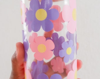 Retro Flower Beer Can Glass Cup: Groovy Daisy Iced Coffee, 16oz Reusable
