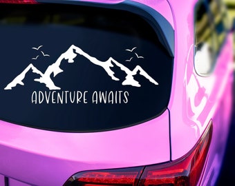Adventure Awaits Car Decal: Mountain Scene, White Vinyl Sticker