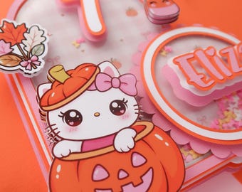 Personalized Kawaii Pumpkin Halloween Cake Topper, Pink Orange Shaker Topper, Cute hello Kitty Birthday Party Decoration, Custom topper
