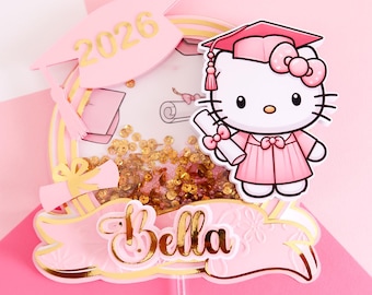 Personalized Kitty Graduation Cake Topper | Pink Glitter Shaker Decor (Class of 2026)