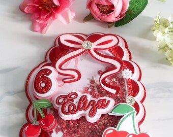 Custom Cherry Birthday Cake Topper: Glitter Shaker, Personalized Party Decoration