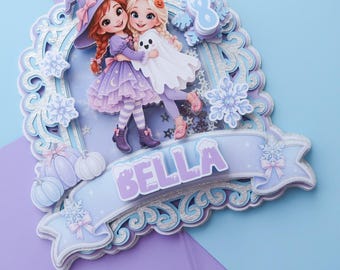 Frozen Princess Halloween Cake Topper, Personalized Winter Birthday Decor, Pastel Spooky Shaker Frozen Halloween Cake topper.
