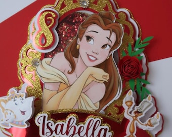 Princess Birthday Cake Topper | Red & Gold Glitter, Custom Name princess belle