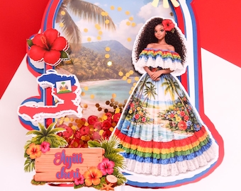 Haitian Flag day Cake Topper – Caribbean Island Party Decor – Personalized Girl Cake Topper – Tropical Floral Birthday – island birthday