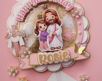 Personalized Jesus Birthday Cake Topper | Christian Girl Birthday Party Decor | Shaker Cake Topper | Religious First Communion Baptism