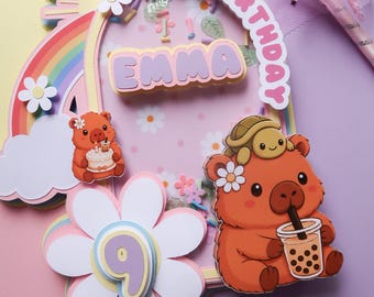 Capybara Boba  Cake Topper | Personalized Daisy Rainbow Cake Topper | Kawaii Animal Birthday Party Decoration | 12 cupcakes toppers