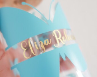 Personalized Blue Butterfly Glass Cup with Gold Name (16oz)
