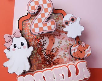 Retro Groovy Ghost Birthday Cake Topper, Personalized Halloween Shaker Topper, Pink Orange Spooky Party Decor, Any Age Cute Halloween