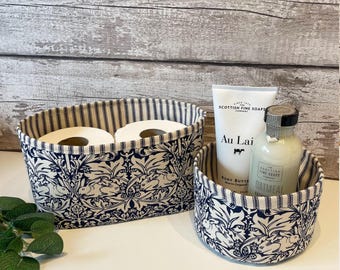 Set William Morris Brer Rabbit Handmade Bathroom Storage Fabric Baskets / Toilet Roll Holder / Blue Cream Ticking Stripes / Strawberry Thief