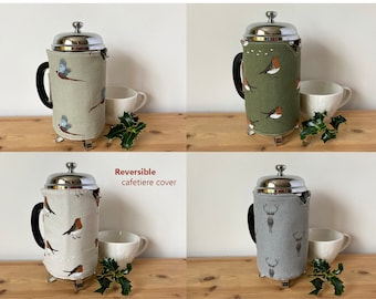 Handmade Reversible Cafetiere Cover French Coffee Press Cosy I Sophie Allport Pheasant Robin Stags & Stripes I  Gift