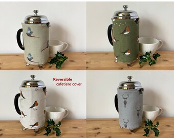 Handmade Reversible Cafetiere Cover French Coffee Press Cosy I Sophie Allport Pheasant Robin Stags & Stripes I  Gift