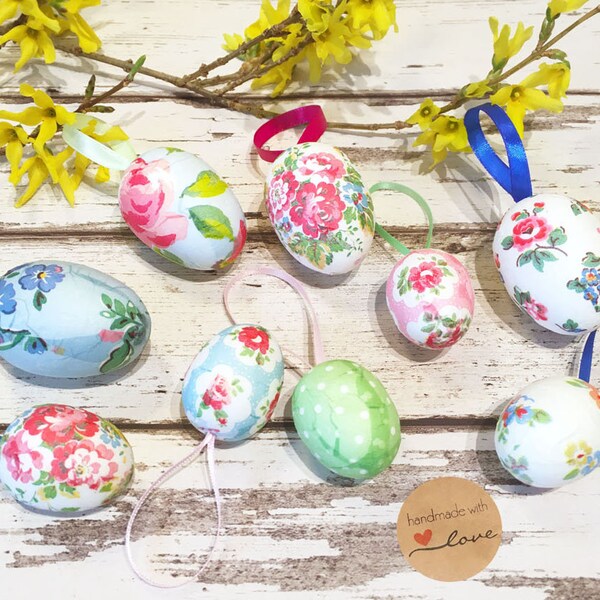 Set of 9 Handmade Easter tree egg decorations - Cath Kidston ditsy spring floral napkin decoupage