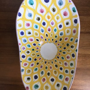 Stunning Rare collectible faience / fajans multi coloured spot trellis pattern bowl by Stig Lindberg, Gustavsberg, Sweden, 1940's - 1950's