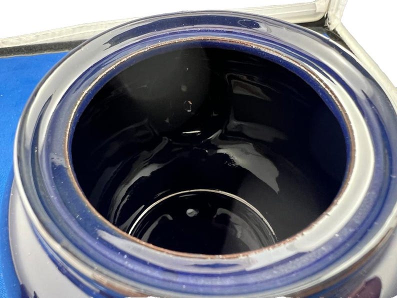 May include: A close-up view of a dark blue ceramic teapot. The interior is a deep, glossy blue, contrasting with the lighter blue rim. The teapot is set against a blue and white background.