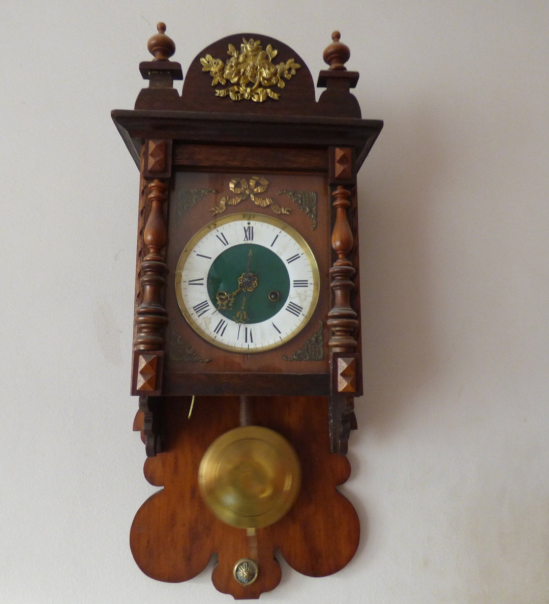 Very Rare Vintage FRANZ Hermle Wall Clock, Made in Germany, Full Antique Brass Porcelain Wall