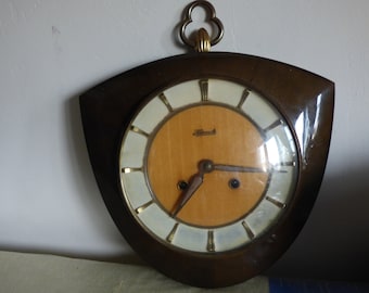 Franz Hermle & Sons German Vintage Wall Clock MADE IN GERMANY soft strng gong wood glas and brass serviced rare clock