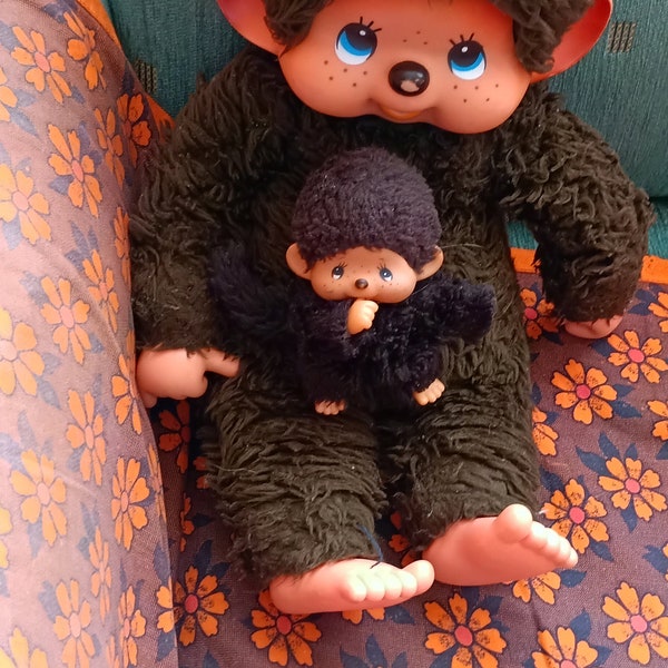 Vintage XL 18 "42 cm großer original Monchhichi Chikabo Affe + Baby Monchhichi cooles Lot