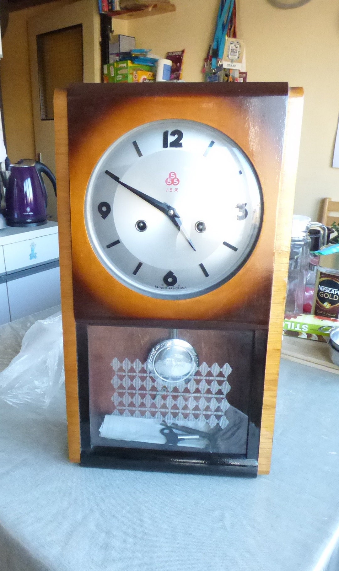 Vintage Wall Clock Shanghai 555 Wood & Glass Living Room