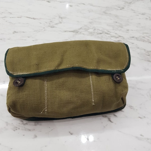 ww2 Vintage Belt Bag, Distressed Khaki Cotton Canvas Belt Bag, Military Belt Bag, Ammo Pouch, Small Hunting Bag from 1940-50 grenade bag