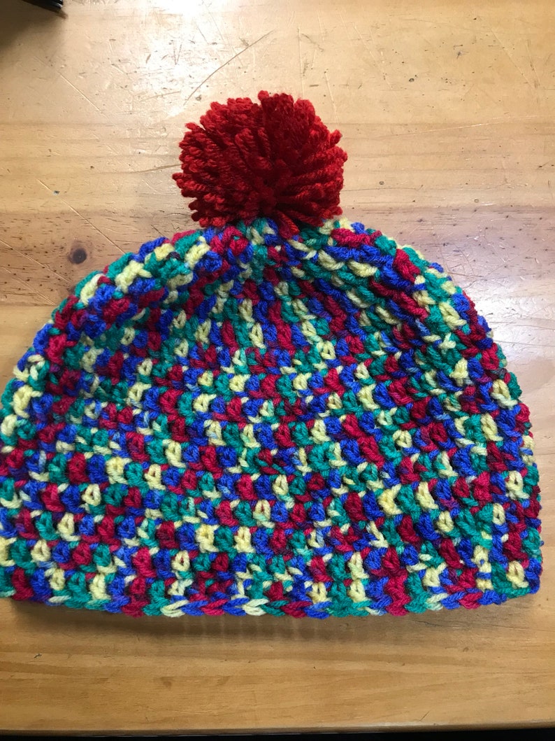 New Handmade Crochet Rainbow Autism Peace Beanie Hat With Pompom