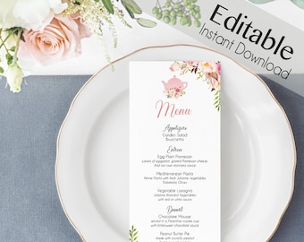 Editable Menu Bridal Tea, Editable Party Menu, Printable Menu, Romantic Blooms Rose Floral, Tea pot, Event Menu, Editable Floral Menu Card
