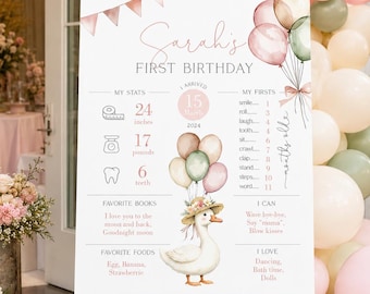 Cartaz comemorativo do primeiro aniversário com tema de ganso bobo: Modelo editável (Corjl)