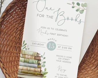 One for the Books invitation, First Birthday Editable Birthday Invitation Template, 1st Birthday Party Book Invite, Corjl, BM25