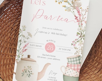 Tea Party Birthday Invitation, Wildflower Par-tea invite template, High tea floral, Corjl, TP26