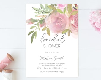 Może przedstawiać: Białe zaproszenie na wieczór panieński z akwarelowym wzorem kwiatowym w odcieniach różu i zieleni. Tekst brzmi "Bridal Shower" i "Honoring Melissa Smith". Zaproszenie zawiera datę, godzinę, miejsce, informacje RSVP i dane dotyczące rejestru.